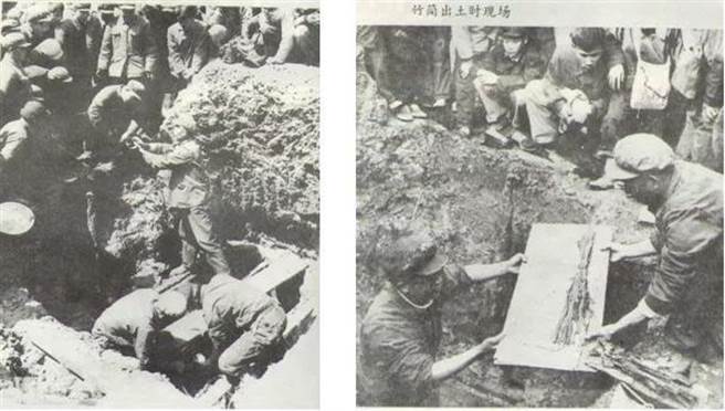 银雀山位于山东临沂市，被发现地下有大规模汉代墓群与唐宗以降的歷代墓葬。1972年开挖其中一座汉墓时发现近5000枚汉代竹简，包括中国古代四大兵法：《孙子兵法》、《孙膑兵法》、《六韬》、《尉缭子》。图为当年挖出汉代竹简。（图／网路）