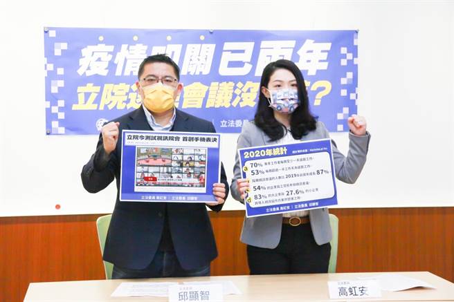 民眾黨立委高虹安、時代力量立委邱顯智今日呼籲，因應疫情變化，立法院應該備妥視訊會議系統，以備不時之需。（高虹安辦公室提供））