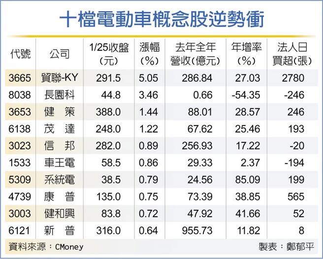 十檔电动车概念股逆势衝