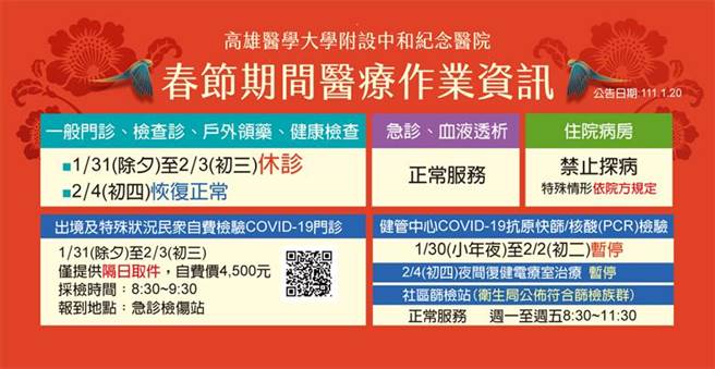高雄医学大学附设中和纪念医院春节门诊时刻表。（高医提供／袁庭尧高雄传真）
