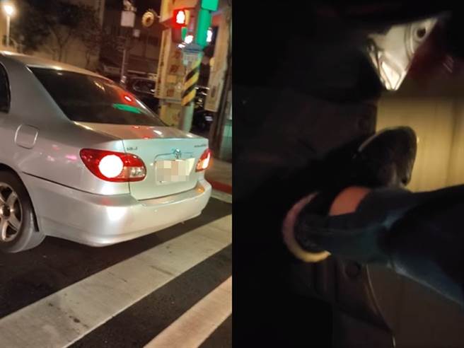 騎士撞見右方轎車違規超出停止線，拍影片準備檢舉，沒想到影片曝光騎士竟是自行拿手機拍、而非行車紀錄器，網友看到後留言「一個影片，兩個違規」。（翻攝自臉書「爆料公社二社」）
