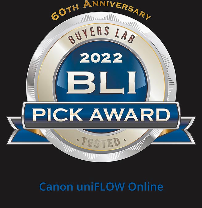 Canon uniFLOW Online云端输出管理解决方案连续四年荣获Keypoint Intelligence的买家实验室（Buyers Lab）Pick Award年度大赏奖殊荣。图／业者提供