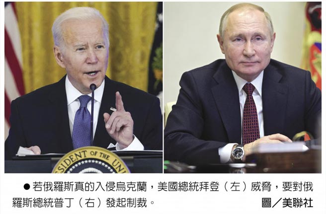 若俄羅斯真的入侵烏克蘭，美國總統拜登（左）威脅，要對俄羅斯總統普丁（右）發起制裁。圖／美聯社