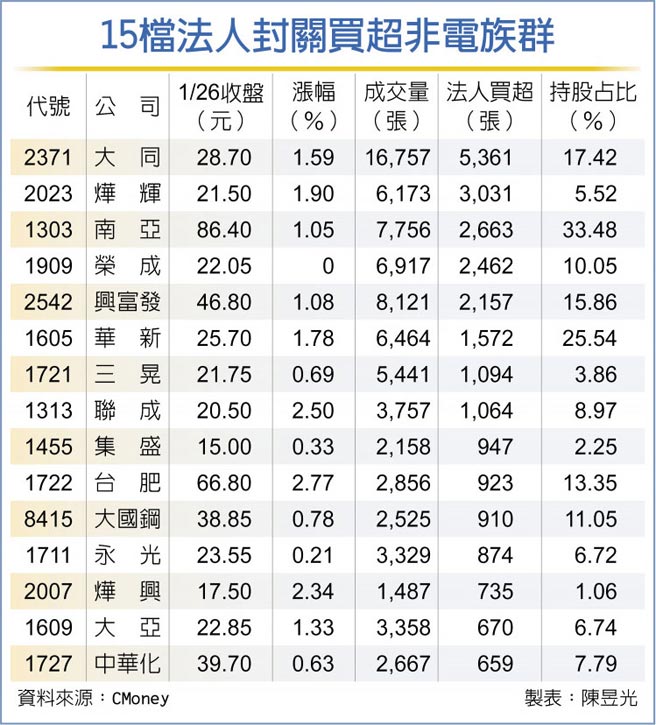 15檔法人封關買超非電族群