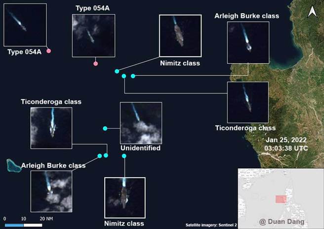 欧洲哨兵2号卫星拍摄到的菲律宾吕宋岛附近海域照片，照片中显示美军2艘航母在内总数7艘军舰仍在坠机地点附近活动，中共则已派出2艘054A导弹护卫舰迫近美方舰队进行监控。（图／推特@DuanDang）