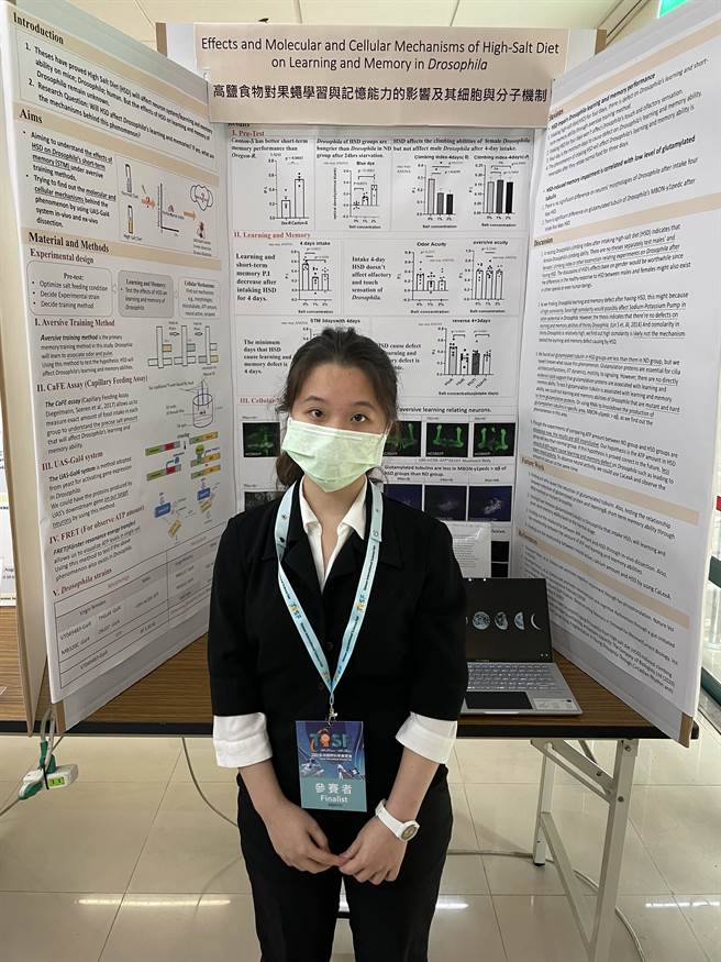 中山女高学生洪苡珊以「高盐饮食对果蝇学习与记忆能力的影响及其细胞与分子机制」获得青少年科学奖。(科教馆提供／李侑珊台北传真)