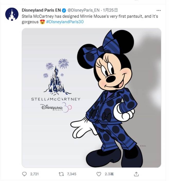 米妮穿裤装庆祝巴黎迪士尼30周年。（图取自 Disneyland Paris EN 推特）