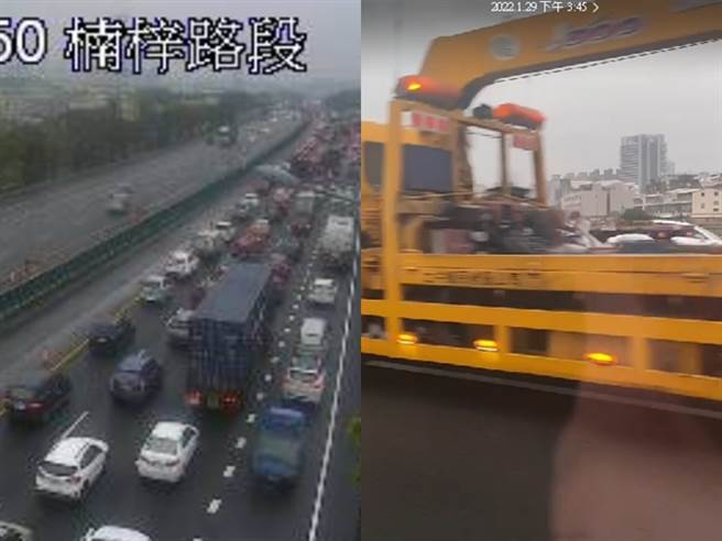 國道1號南下360.3公里處今（29）下午3點許發生3大車5小車連環撞意外，包括大客車、大貨車、拖板車和小客車等撞在一起，目前預計共10車受波及。（翻攝自記者爆料網）