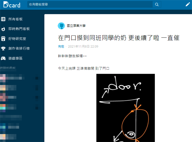 1名男大生日前準備離開教室，上前轉動門把時，突然回頭與同學聊天，沒想到這時1名女同學正好進門，他就伸手一把「轉了那女生的奶，用力轉那種」。（翻攝自Dcard）