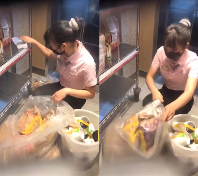 麦当劳员工蹲在地上，将架上的餐点一一销毁。（图／翻摄自《foodpanda 熊猫台南》脸书社团）