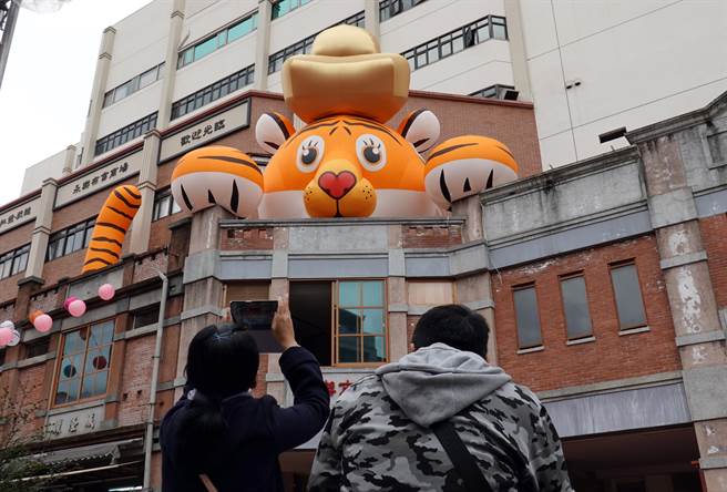 迪化街永乐市场上设置高6公尺、头顶金元宝的「招财福虎巨型气球装置」，可爱萌虎趴在楼顶，探头模样超级吸睛。（姚志平摄）