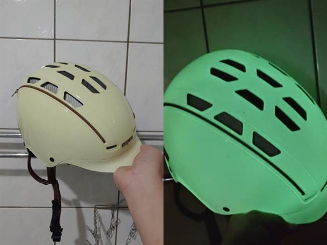 网友在外头捡到1顶遭丢弃的高檔安全帽，拿回家放在车库，某天他发现车库灯关掉后，角落处有光线，近看竟是整顶安全帽「散发绿光」。（翻摄自脸书「爆废公社」）