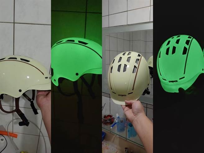 网友在外头捡到1顶遭丢弃的高檔安全帽，拿回家放在车库，某天他发现车库灯关掉后，角落处有光线，近看竟是整顶安全帽「散发绿光」。（翻摄自脸书「爆废公社」）