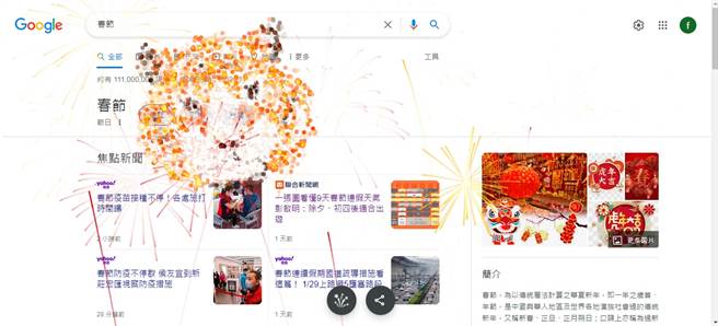 进入Google浏览器，在搜寻栏输入「过年」、「春节」、「除夕」、「新春」、「年节」、「年夜」、「新年」、「Year of the Tiger」，就能启动老虎烟火秀。(张沛歆)