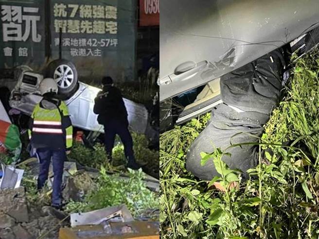 男子酒駕失控衝向路旁草叢，醉意極深的他原本打算開車門求救，沒想到一開車門竟當場睡去，一頭栽進草叢、下半身留在駕駛座呼呼大睡。（翻攝照片）