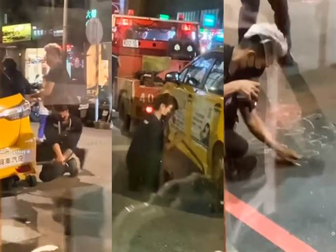 拖吊车业者用超快速「手速」为违停计程车装上辅助轮，装上时间用不到30秒，小黄就顺利被拖走，业者也快速用粉笔在地面留下资讯离去，全程展现高效率。（翻摄自脸书「爆废公社」）
