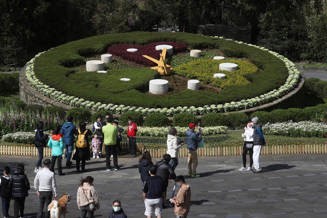 赏花的民眾在阳明山公园的花钟前拍照留念。（刘宗龙摄）