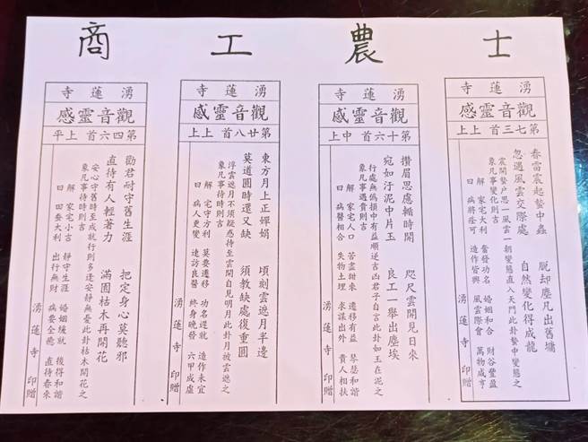  新北市芦洲涌莲寺昨除夕子时，依照往例抽出国运籤；「士、农、工、商」分别是「上上」、「中上」、「上上」和「上平」籤。(戴上容摄)