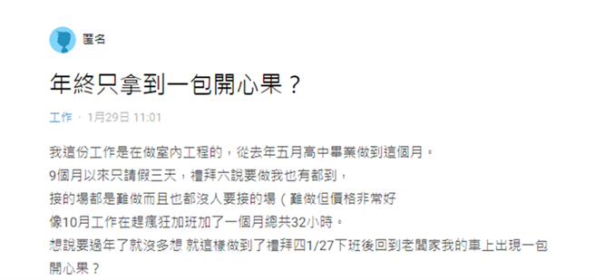 年終拿到開心果讓原PO想離職。(圖/翻攝自Dcard)
