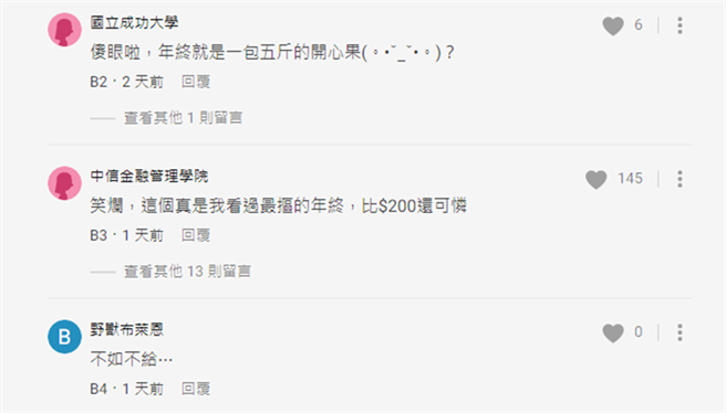 網友們表示這是最摳年終。(圖/翻攝自Dcard)
