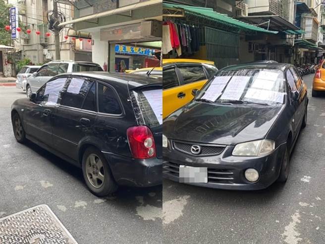 住家死巷口「路中间」遭停入车，车主向警方说人在南部、无法移车，网友最后在轿车前后左右的车窗贴上「警察伯伯说你在南部没办法移车，石牌你最帅！」（翻摄自脸书「台北之北投帮」）