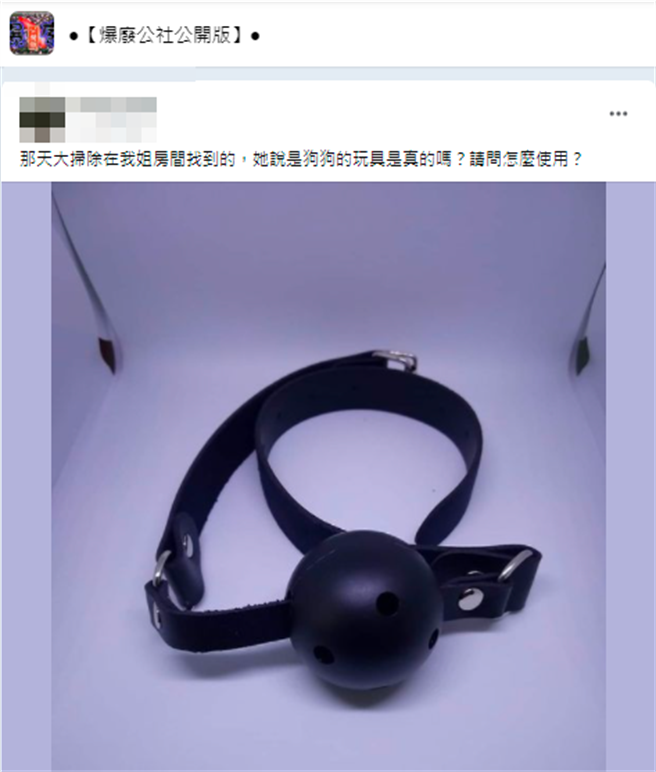 1名網友日前大掃除時在姐姐房間發現1個「球狀物」，姐姐稱是狗的玩具，他則抱持懷疑態度詢問網友，不少網友一眼看出是情趣用品口塞（或稱口枷）。（翻攝自臉書「爆廢公社公開版」）