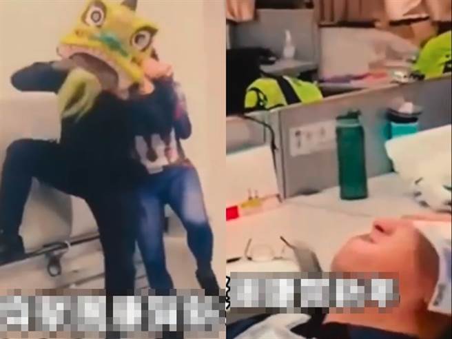 草衙派出所幾名員警在除夕夜需值勤，因此在沒有民眾的警局內玩起餘興節目，扮演「弄獅」、用玩具手槍「撒錢」，甚至有男員警將千元鈔塞進褲檔，影片惹議。（翻攝自臉書「記者新聞網」）