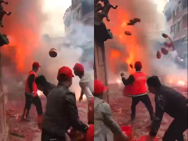 有民眾直击1间宫庙的放鞭炮是竟是大批人员朝「路中火堆」不断扔鞭炮，猛烈火焰与恐怖浓烟不断增加、窜升，不时还能看见鞭炮的闪光。（翻摄自脸书「爆废公社」）