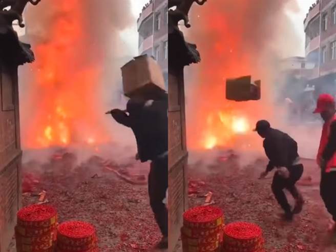 有民眾直击1间宫庙的放鞭炮是竟是大批人员朝「路中火堆」不断扔鞭炮，猛烈火焰与恐怖浓烟不断增加、窜升，不时还能看见鞭炮的闪光。（翻摄自脸书「爆废公社」）