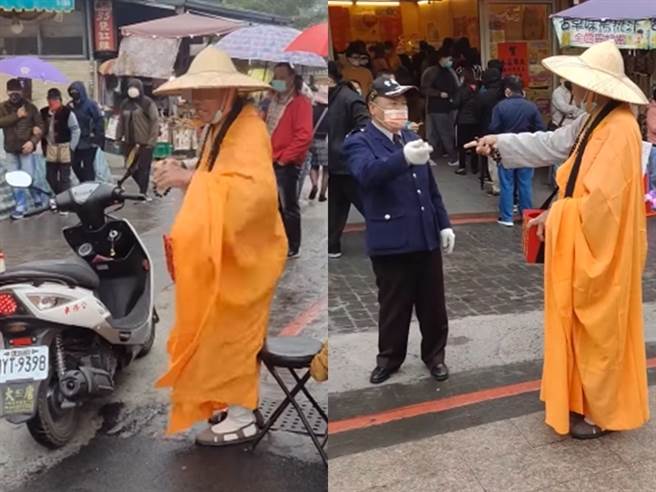 紫南宮外1名穿袈裟的男子不滿遭廟方上前詢問身分並勸離，竟當街與廟方大吵，他嗆對方「你不是警察」、「不是義務的，你有拿錢啊」、「你沒資格」。（翻攝自臉書「爆料公社」）