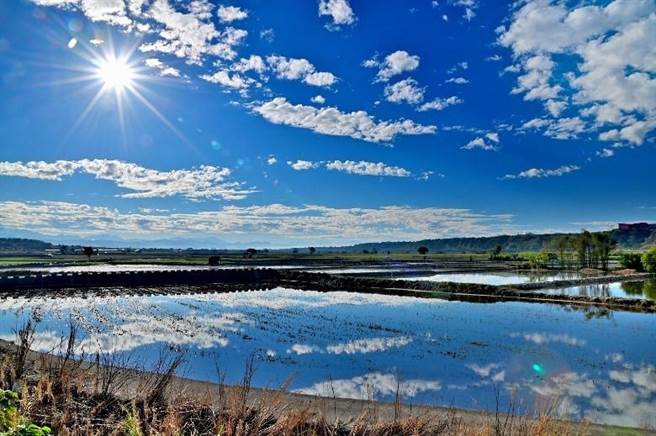 外埔忘憂谷一覽無遺的水田，在藍天白雲映照下變化多端。（台中市觀旅局提供／王文吉台中傳真）