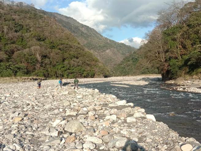1名妇人在苗栗县泰安乡象鼻村大安溪上游失足落水失踪，苗栗县消防局人员及部落原青出动搜救中。（读者提供／谢明俊苗栗传真）