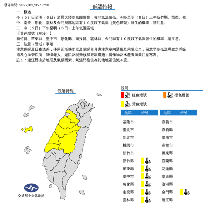气象局发布低温特报。(图/气象局)