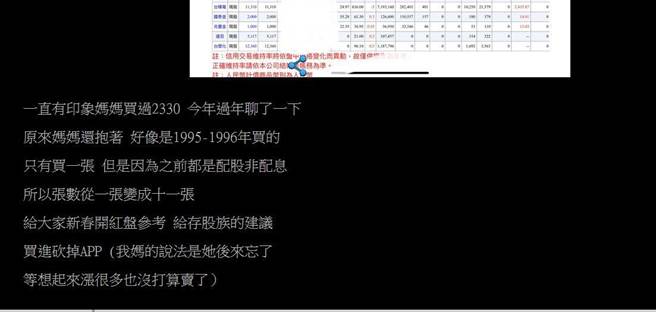 1名網友分享媽媽1995-1996年間買過台積電，放到現在暴賺。（圖／翻攝PTT）