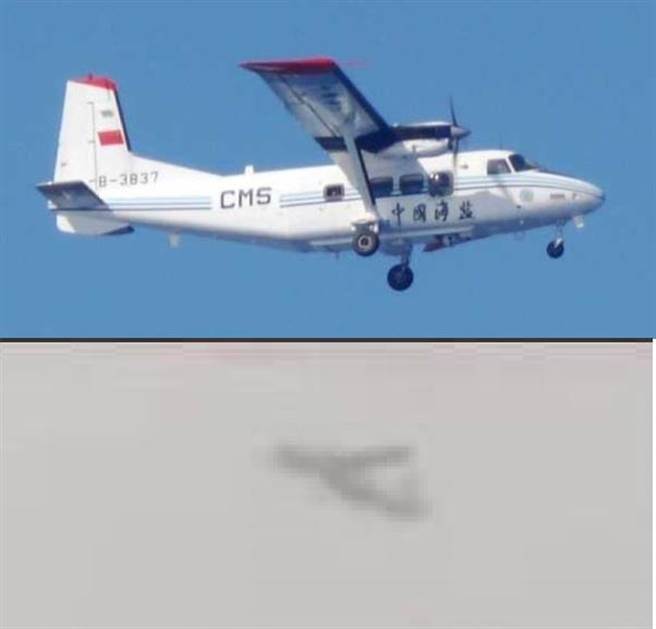 東引民宅頂樓監視器拍到不明飛機(下)，大陸海監航空編隊的運-12飛機（上）。（圖/合成圖，民眾提供、翻攝日本航空自衛隊照片）
