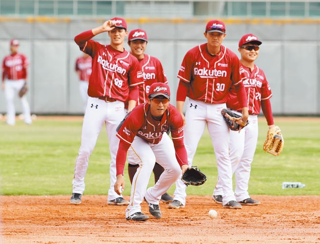 中职乐天桃猿队5日在嘉义县棒球场正式开训，年度口号为RISE UP再战起来，球队兵分两路，野手群在球场练习守备手感。（中央社）