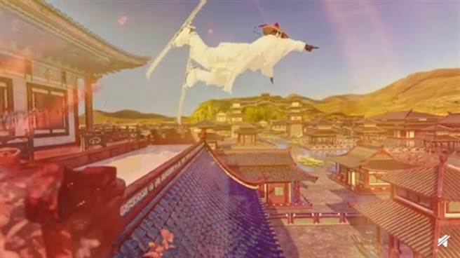 北京冬奧武俠版宣傳片白衣俠客在雪台跳躍模擬成中國式建築。（圖/微博）