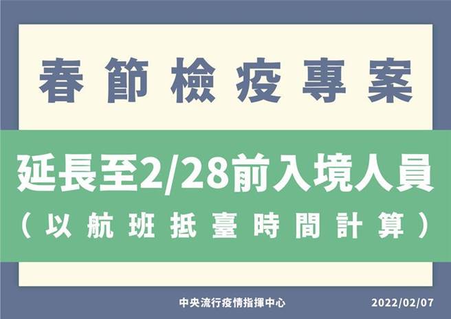 （春节检疫专案实施期间延长至2022年2月28日，入境人员务必配合相关检疫措施。图／中央流行疫情指挥中心）
