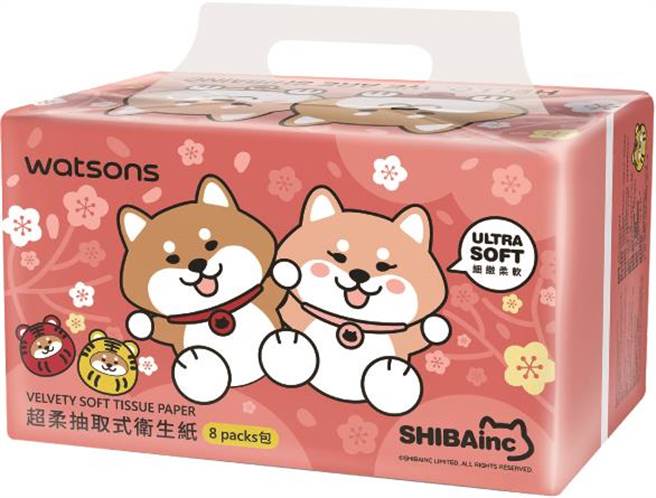屈臣氏 抽取式卫生纸100抽8包入 (2022柴犬新春版)。（屈臣氏提供）
