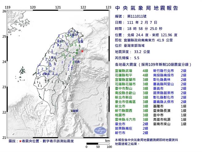 東部海域地震，雲林縣最大震度3級，民眾表示明顯晃了一下。（中央氣象局提供／張朝欣雲林傳真）