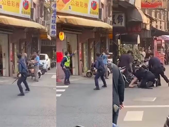 男子不断挥刀喊不要过来，警方也吼说把刀放下，最后警方趁机朝男子喷辣椒水，男子最后痛苦地摀眼尖叫，即遭警方压制在地，民眾手机录下的惊悚场面曝光。（翻摄自脸书「爆料公社二社」）