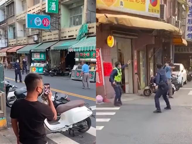 男子不断挥刀喊不要过来，警方也吼说把刀放下，最后警方趁机朝男子喷辣椒水，男子最后痛苦地摀眼尖叫，即遭警方压制在地，民眾手机录下的惊悚场面曝光。（翻摄自脸书「爆料公社二社」）