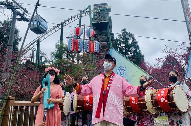 九族文化村櫻花祭，詩人大可吟唱詩歌讚頌。（廖志晃攝）