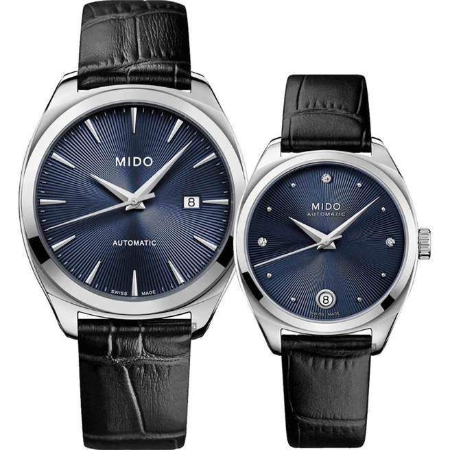 统一时代百货台北店的精光堂MIDO美度 Belluna皇室蓝机械对表，特价女款2万2410元，男款2万880元。（统一时代百货台北店提供）