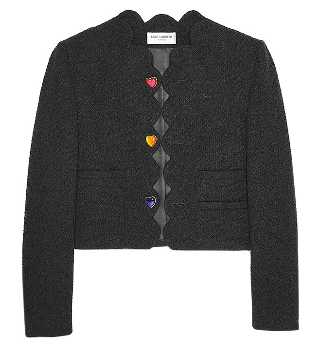 Saint Laurent黑色与彩色爱心宝石短版猎装外套， 9万9250元。（Saint Laurent提供）