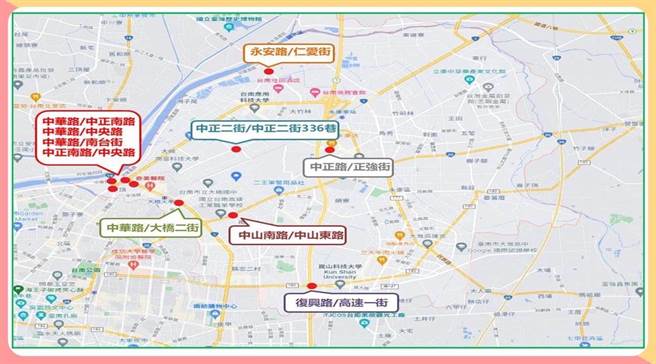台南市永康分局透过大数据分析，针对永康区交通事故10大路段绘制警示地图。(永康分局提供／曹婷婷台南传真)