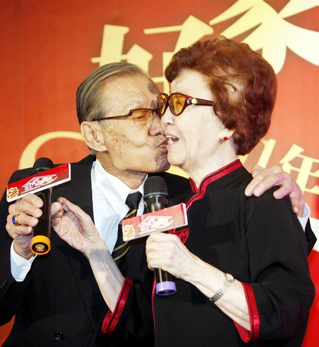 银色夫妻檔常枫（左起）和张遥2012年参加活动分享夫妻婚姻容忍相处之道，常枫恩爱地当场亲了她一下。