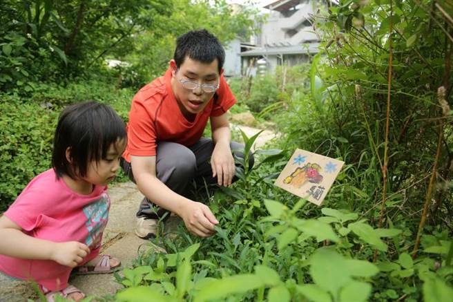 一片蓊郁之中，视障生允钟（右）跟小朋友介绍植物。(图／远见提供)