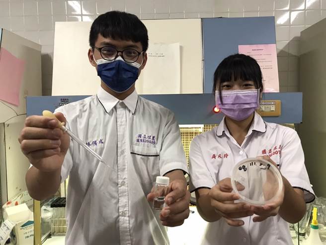 佳冬高農農經科吳凡玲（右）、園藝科林侑成（左）參加「與太空旅行種子相遇」奪冠，大家驚豔發現農業學校發展太空生物學的潛在可能性。（謝佳潾攝）