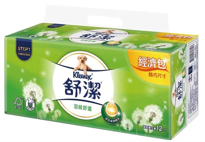 家乐福舒洁羽绒经济抽取卫生纸100抽Ｘ12包，原价278元，特价买1送1。（家乐福提供）